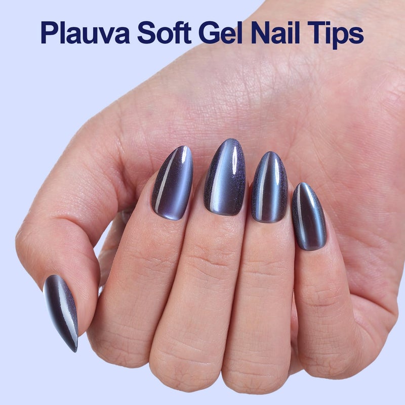 Plauva 150Pcs Cat Eye Press on Nails Medium Almond, Soft Gel Fake Nails, Glossy Glitter Cat Eye Nail Tips for Women and Girls Stick On Nails in 15 Sizes - Image 2